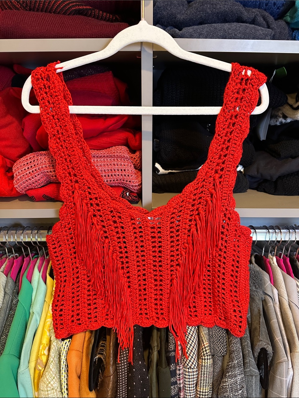Zara Red Crochet Fringe Crop Top